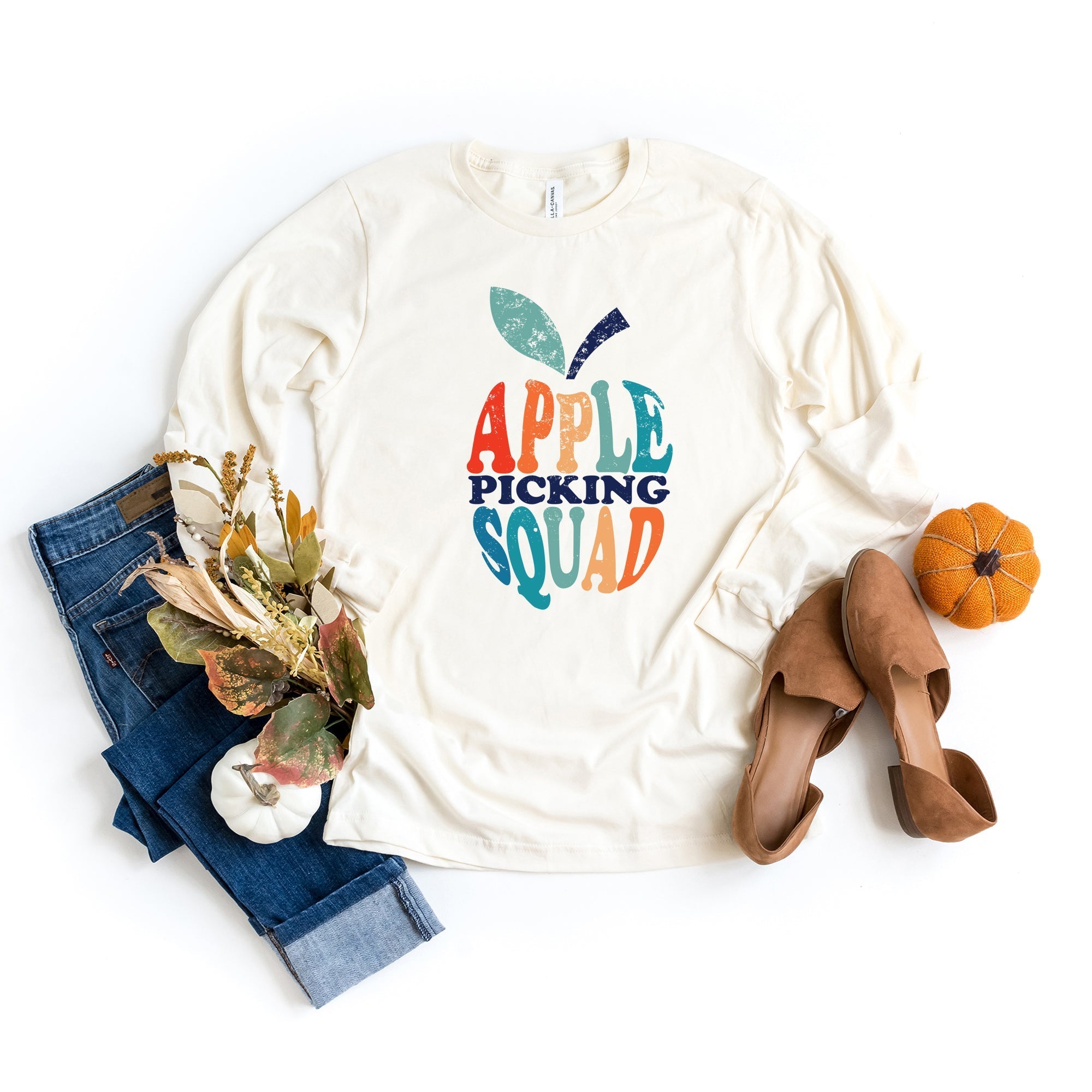 Apple Picking Squad Colorful | Long Sleeve Crew Neck Olive and Ivory Retail