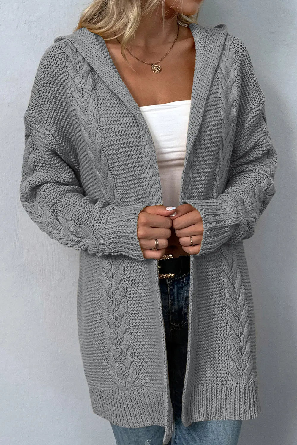 Cable-Knit Dropped Shoulder Hooded Cardigan Trendsi