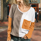 Cable knit color block round neck sweater EG fashion