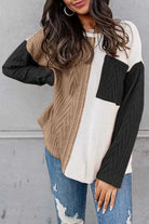 Cable knit color block round neck sweater EG fashion