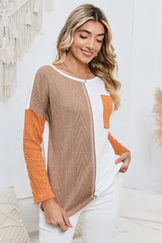 Cable knit color block round neck sweater EG fashion