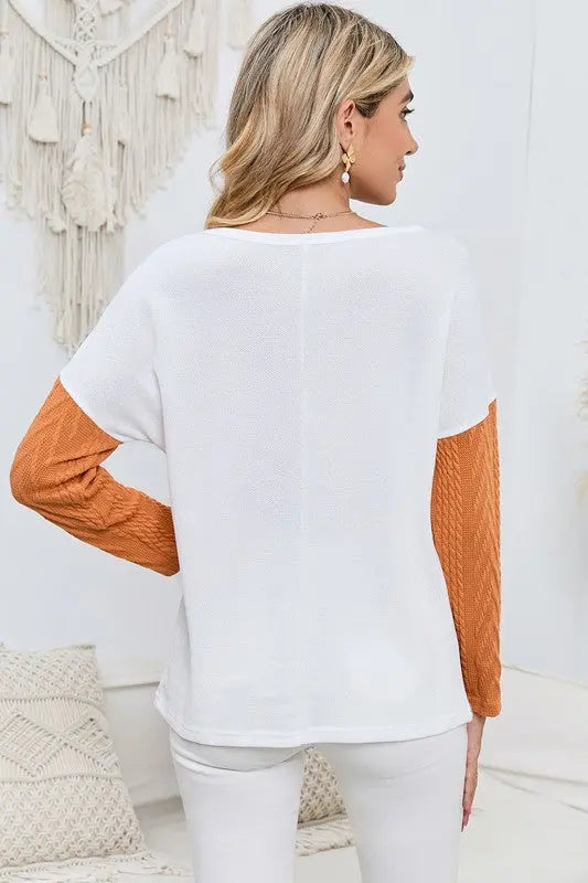 Cable knit color block round neck sweater EG fashion