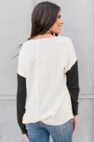 Cable knit color block round neck sweater EG fashion