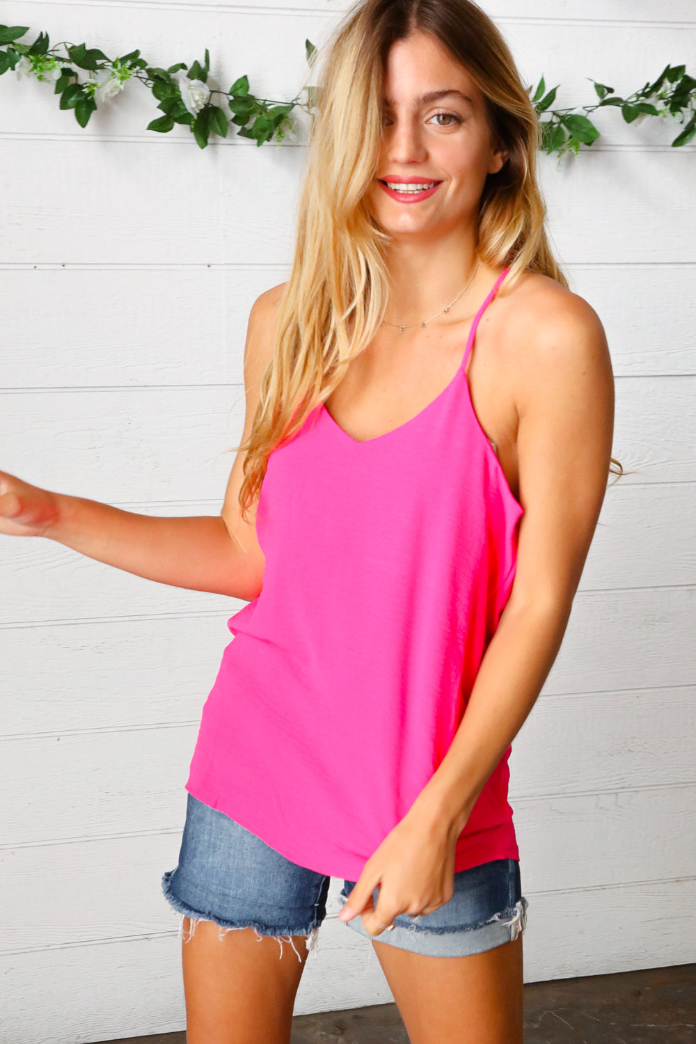 Hot Pink Adjustable Strap V Neck Lined Cami Zenana