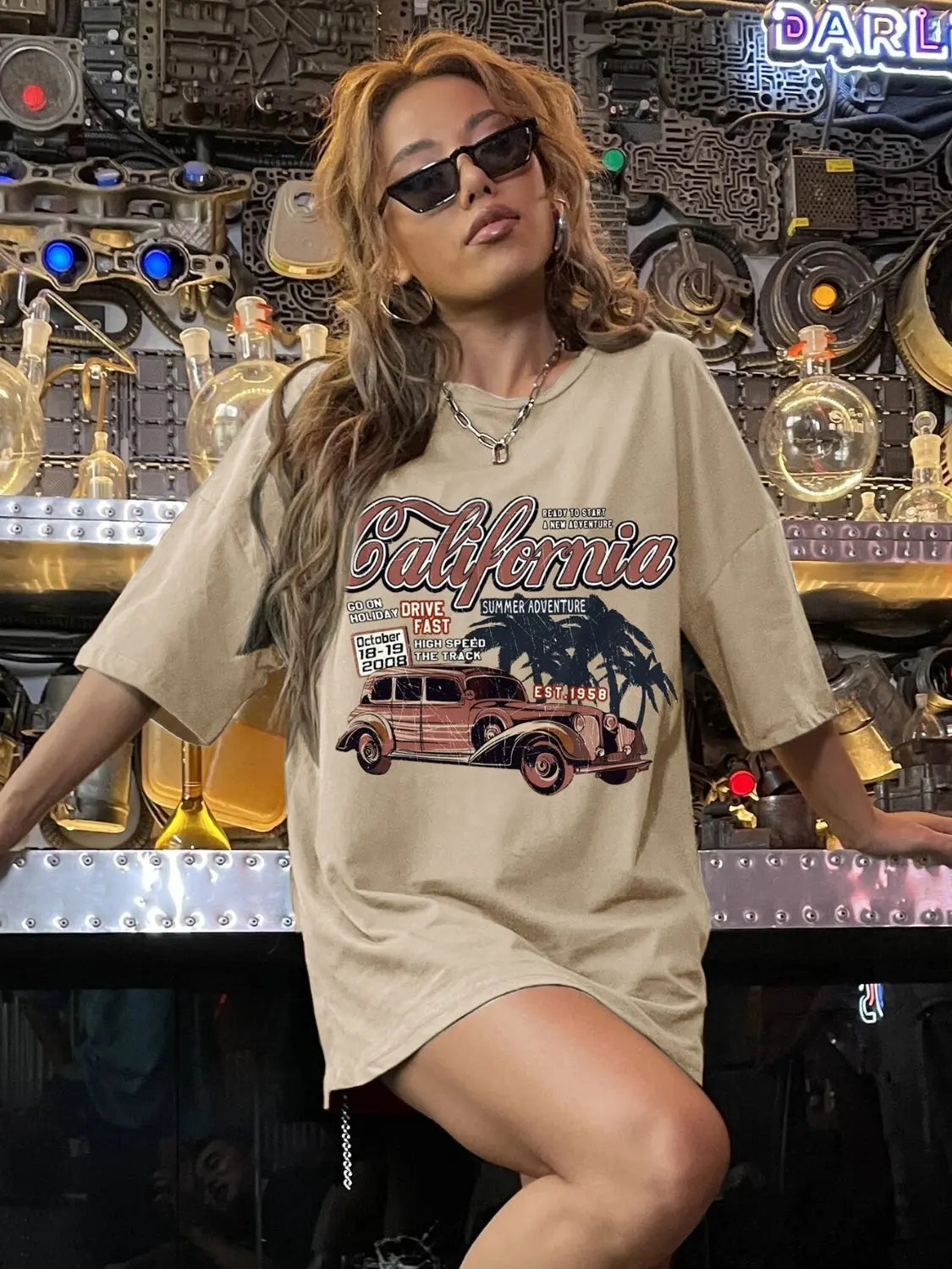 Car Graphic Round Neck Half Sleeve T-Shirt Trendsi