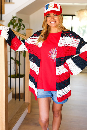 Simply Patriotic Red White & Blue Striped Crochet Cardigan Haptics