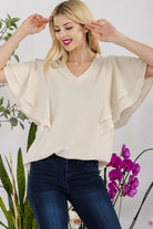 Celeste Full Size V-Neck Lace Trim Flutter Sleeve Top Trendsi
