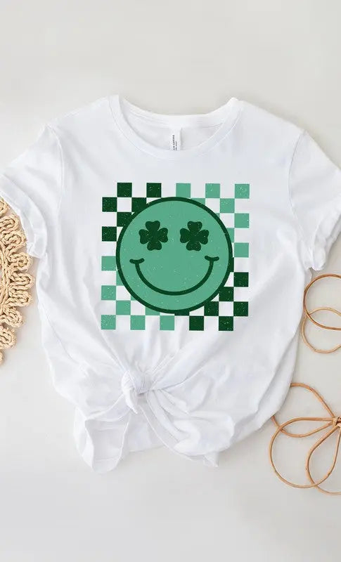 Checkered Clover Smiley St Patricks Graphic Tee Kissed Apparel