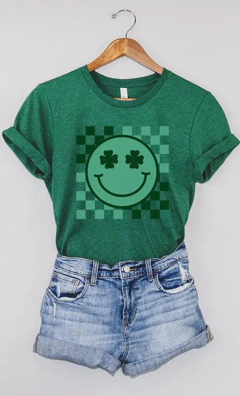 Checkered Clover Smiley St Patricks Graphic Tee Kissed Apparel