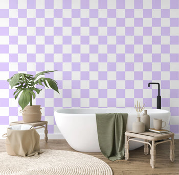 ‘Checkmate’ Checkerboard Wallpaper in Lavender | Purple checkered wallpaper Sorbet Dreams