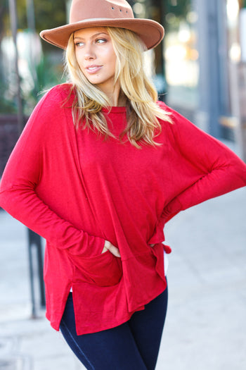 Going My Way Red Hacci Dolman Pocketed Sweater Top Haptics