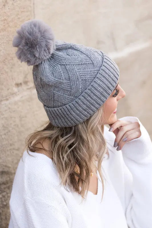 Chunky Knit Fur Pom Beanie Aili's Corner