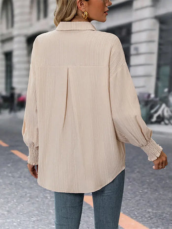 Collared Neck Long Sleeve Button-Up Blouse Trendsi