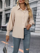 Collared Neck Long Sleeve Button-Up Blouse Trendsi