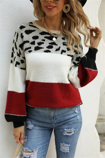 Color Block Round Neck Lantern Sleeve Sweater Trendsi