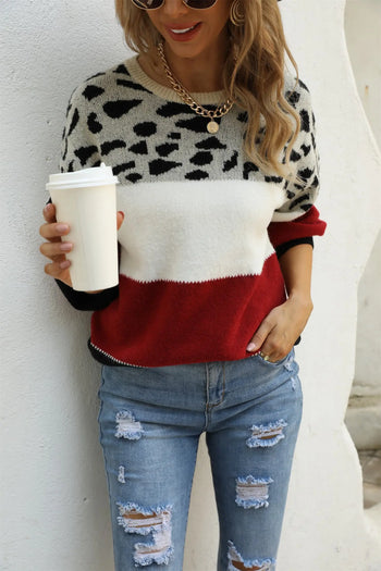 Color Block Round Neck Lantern Sleeve Sweater Trendsi