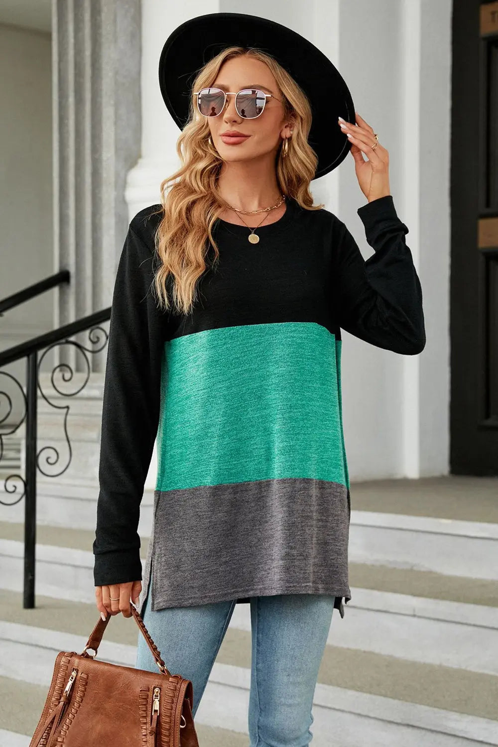 Color Block Round Neck Long Sleeve Slit T-Shirt Trendsi