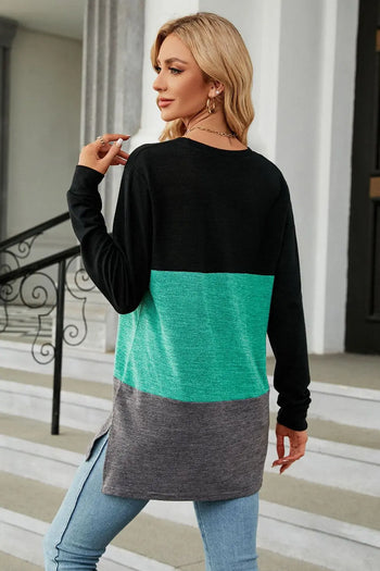 Color Block Round Neck Long Sleeve Slit T-Shirt Trendsi