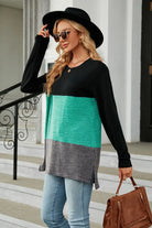 Color Block Round Neck Long Sleeve Slit T-Shirt Trendsi