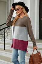 Color Block Round Neck Long Sleeve Slit T-Shirt Trendsi