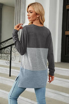 Color Block Round Neck Long Sleeve Slit T-Shirt Trendsi