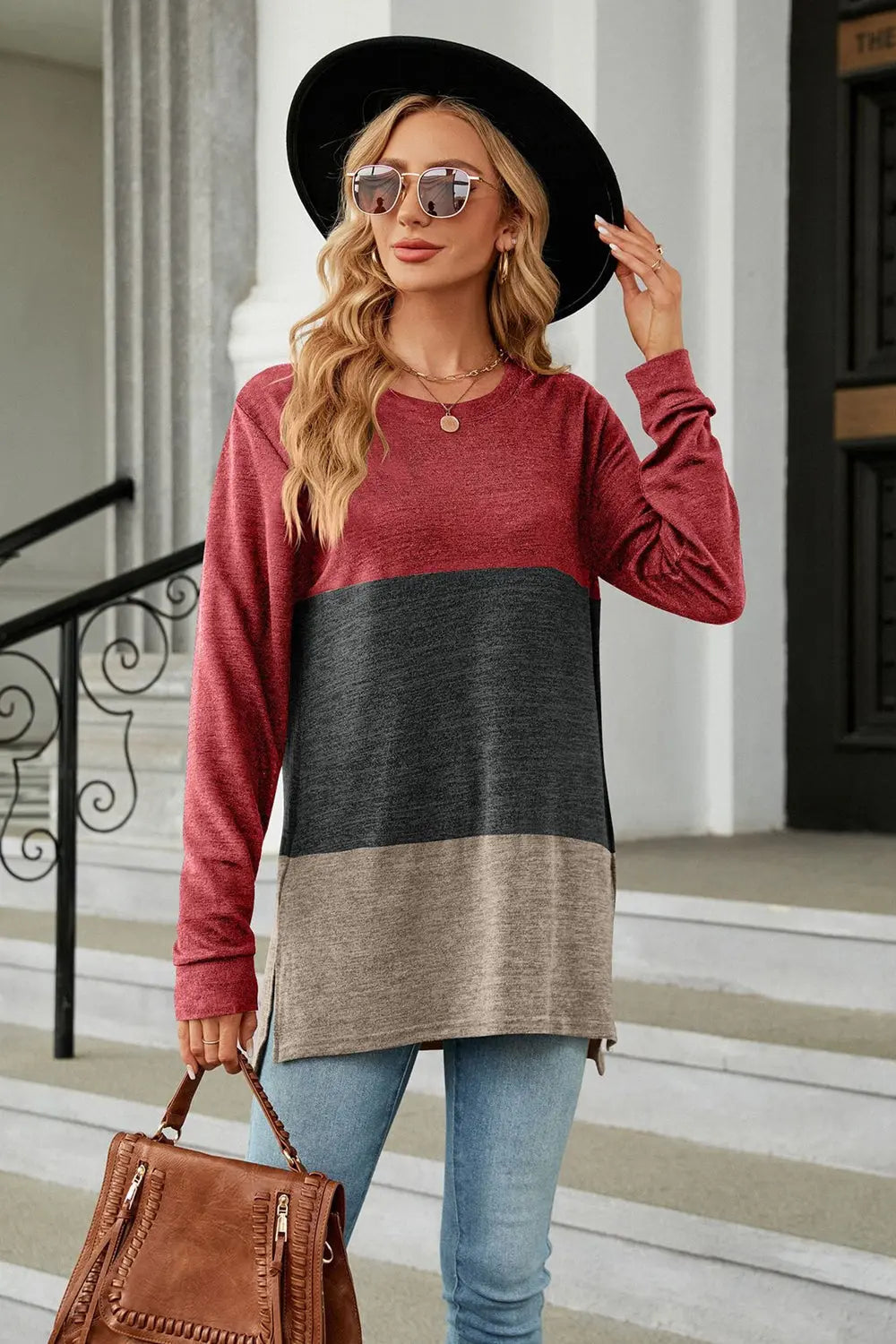 Color Block Round Neck Long Sleeve Slit T-Shirt Trendsi