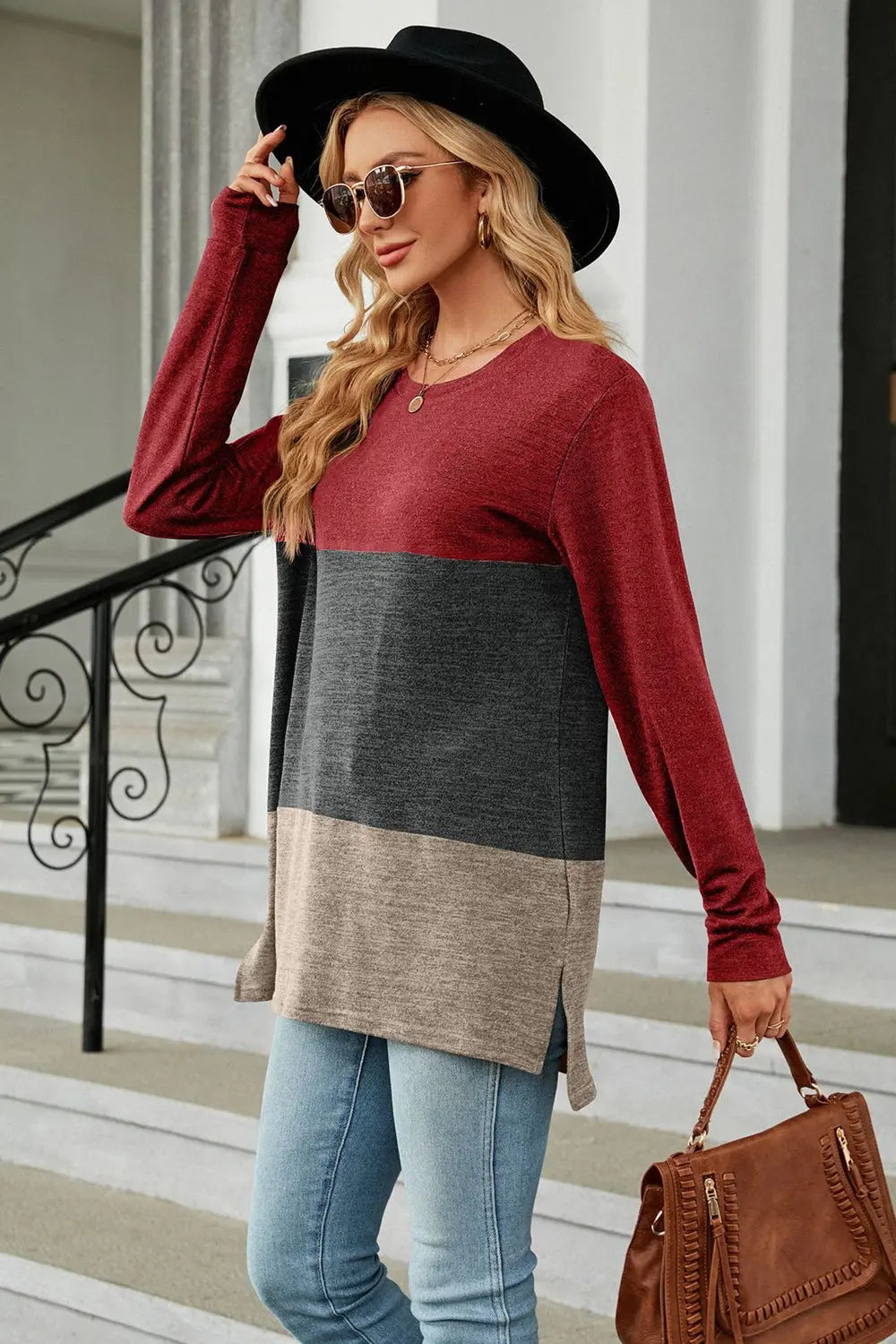 Color Block Round Neck Long Sleeve Slit T-Shirt Trendsi