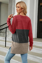 Color Block Round Neck Long Sleeve Slit T-Shirt Trendsi