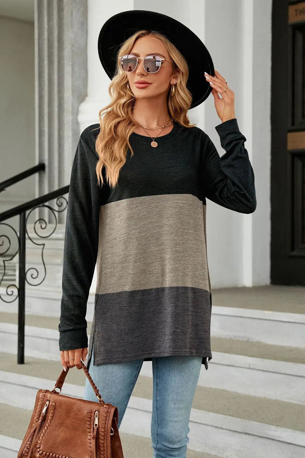 Color Block Round Neck Long Sleeve Slit T-Shirt Trendsi