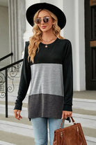 Color Block Round Neck Long Sleeve Slit T-Shirt Trendsi