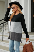 Color Block Round Neck Long Sleeve Slit T-Shirt Trendsi