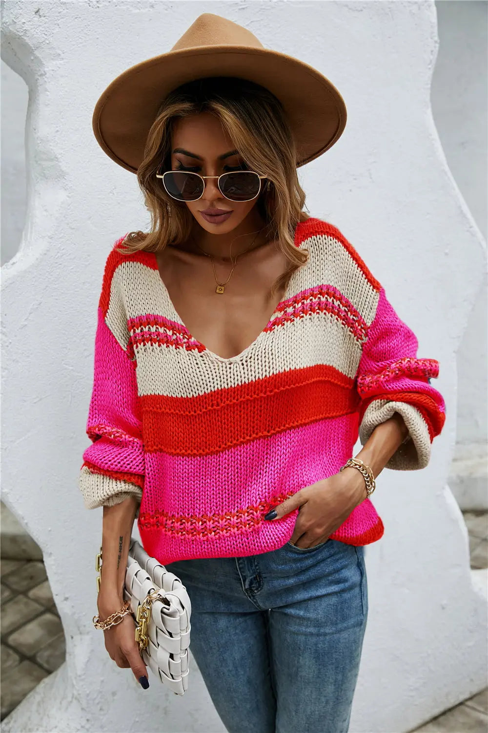 Color Block Scoop Neck Dropped Shoulder Sweater Trendsi