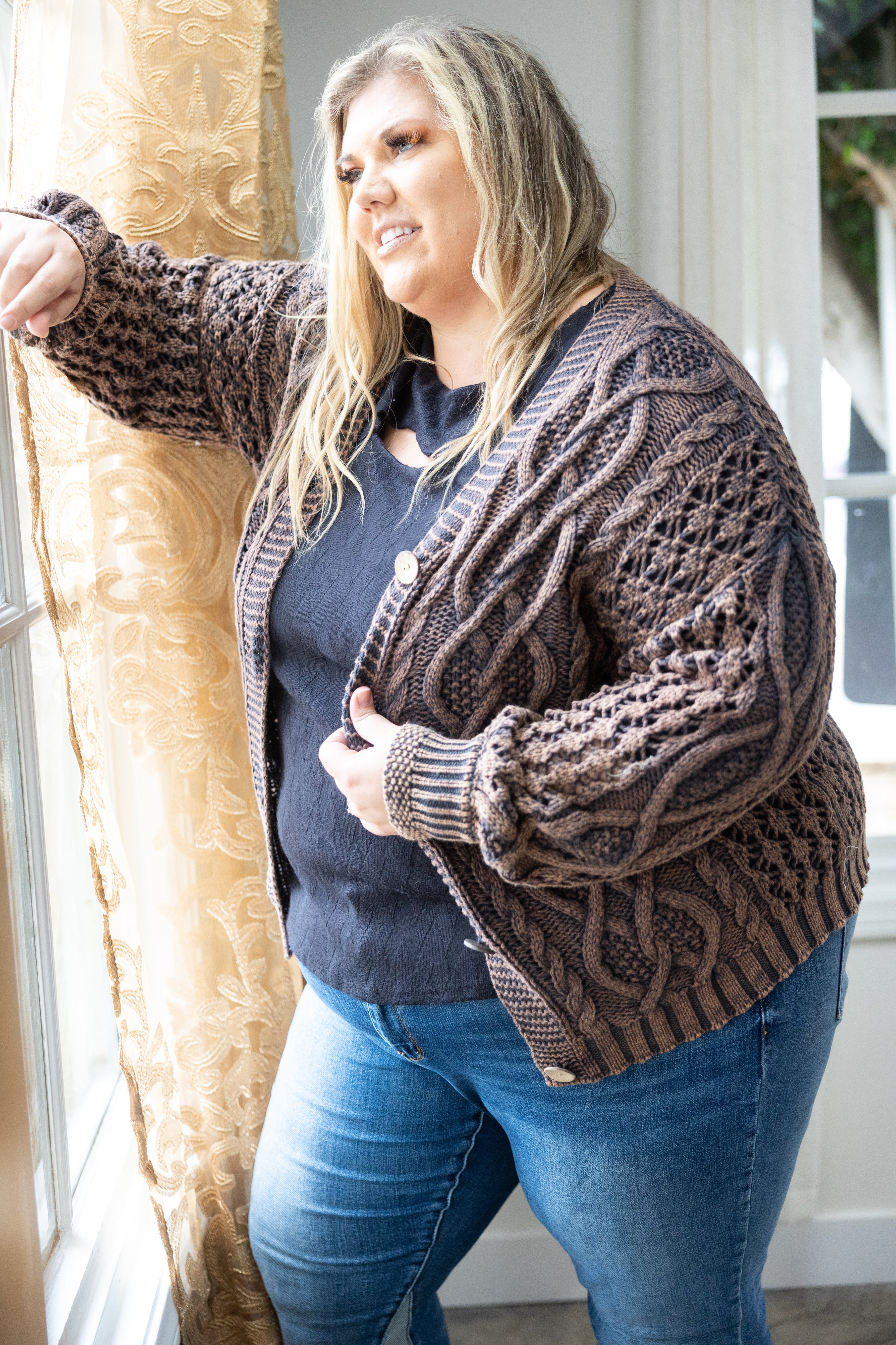 Copper Toned Cable Knit Cardigan Boutique Simplified