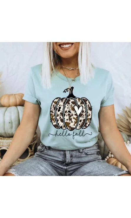 Cowhide Hello Fall Pumpkin Graphic tee/Sweatshirt options Gabreila Wholesale