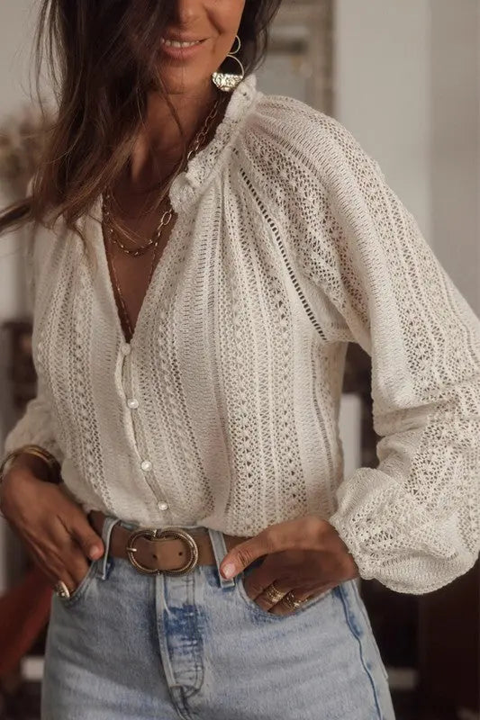 Crochet Lace button v-neck knit sweater blouse EG fashion