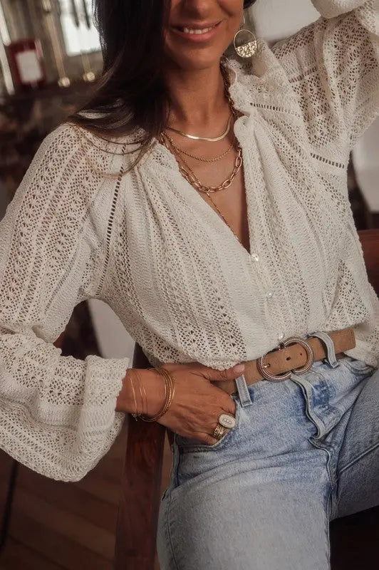 Crochet Lace button v-neck knit sweater blouse EG fashion