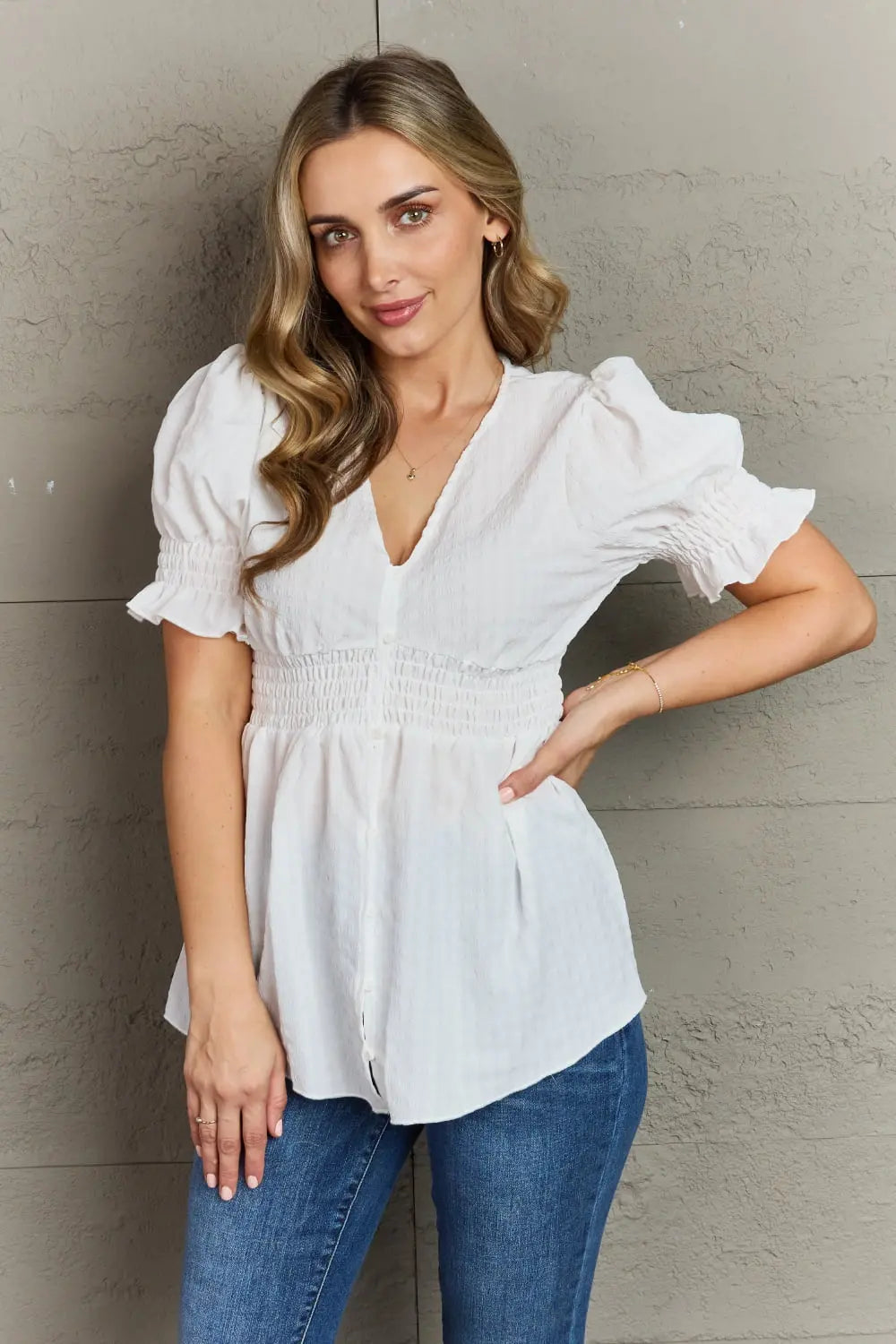Culture Code Sweet Serenity  Full Size V-Neck Puff Sleeve Button Down Top Trendsi