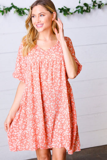 Peach Ditzy Floral Woven Dolman V Neck Dress Haptics