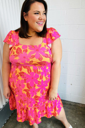 Fuchsia & Orange Tropical Floral Square Neck Dress Haptics