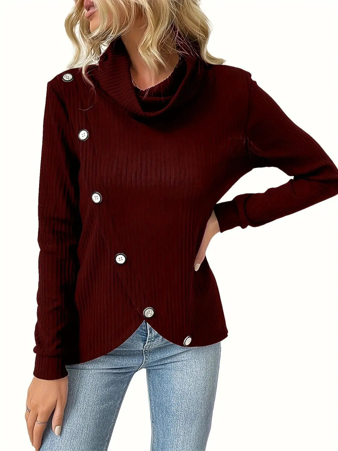 Decorative Button Turtleneck Long Sleeve T-Shirt Trendsi