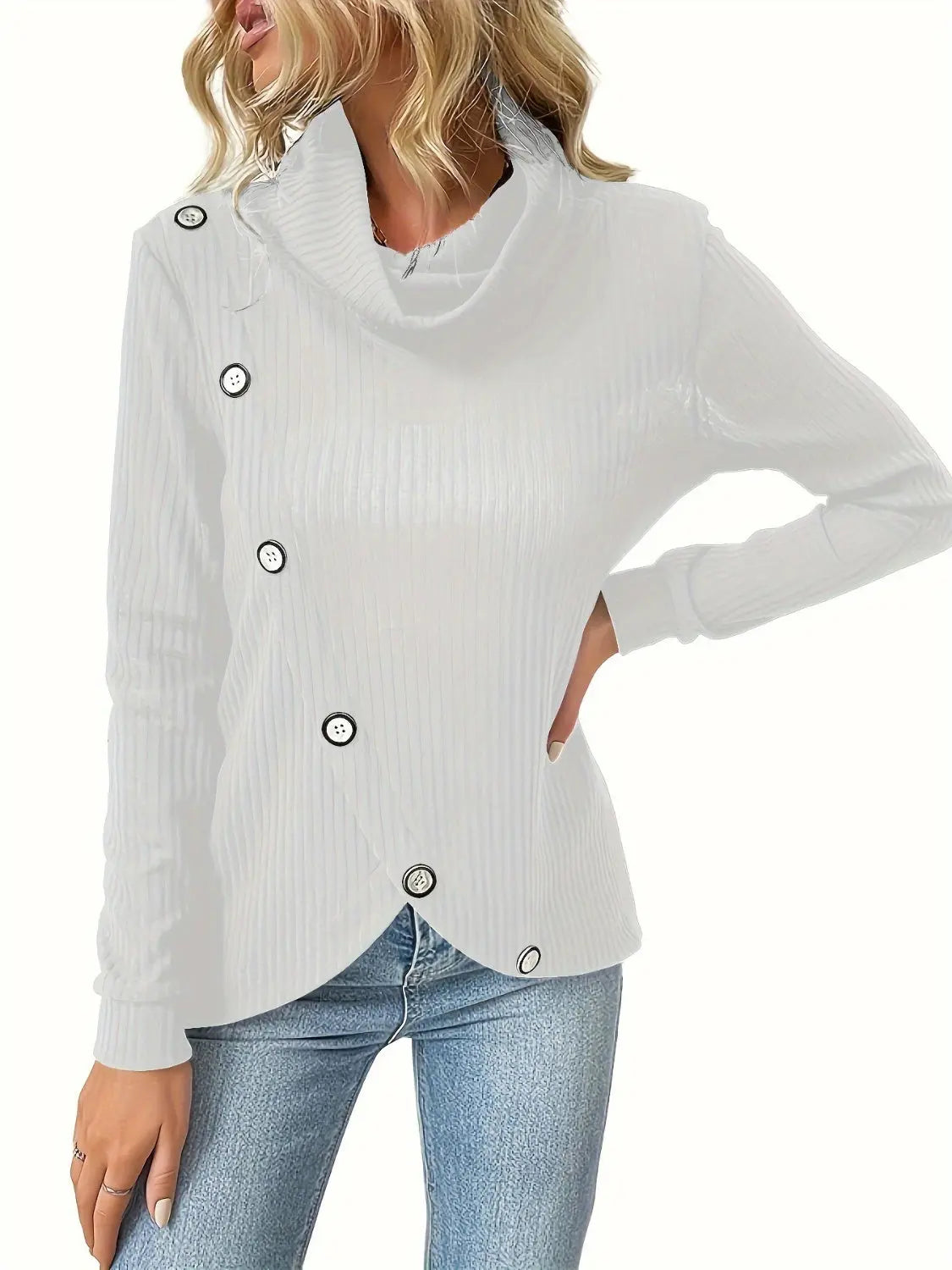 Decorative Button Turtleneck Long Sleeve T-Shirt Trendsi