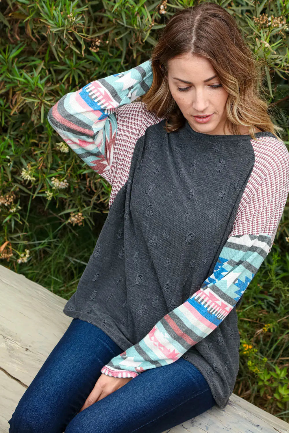 Distressed Jacquard Dolman Aztec Thermal Top Haptics