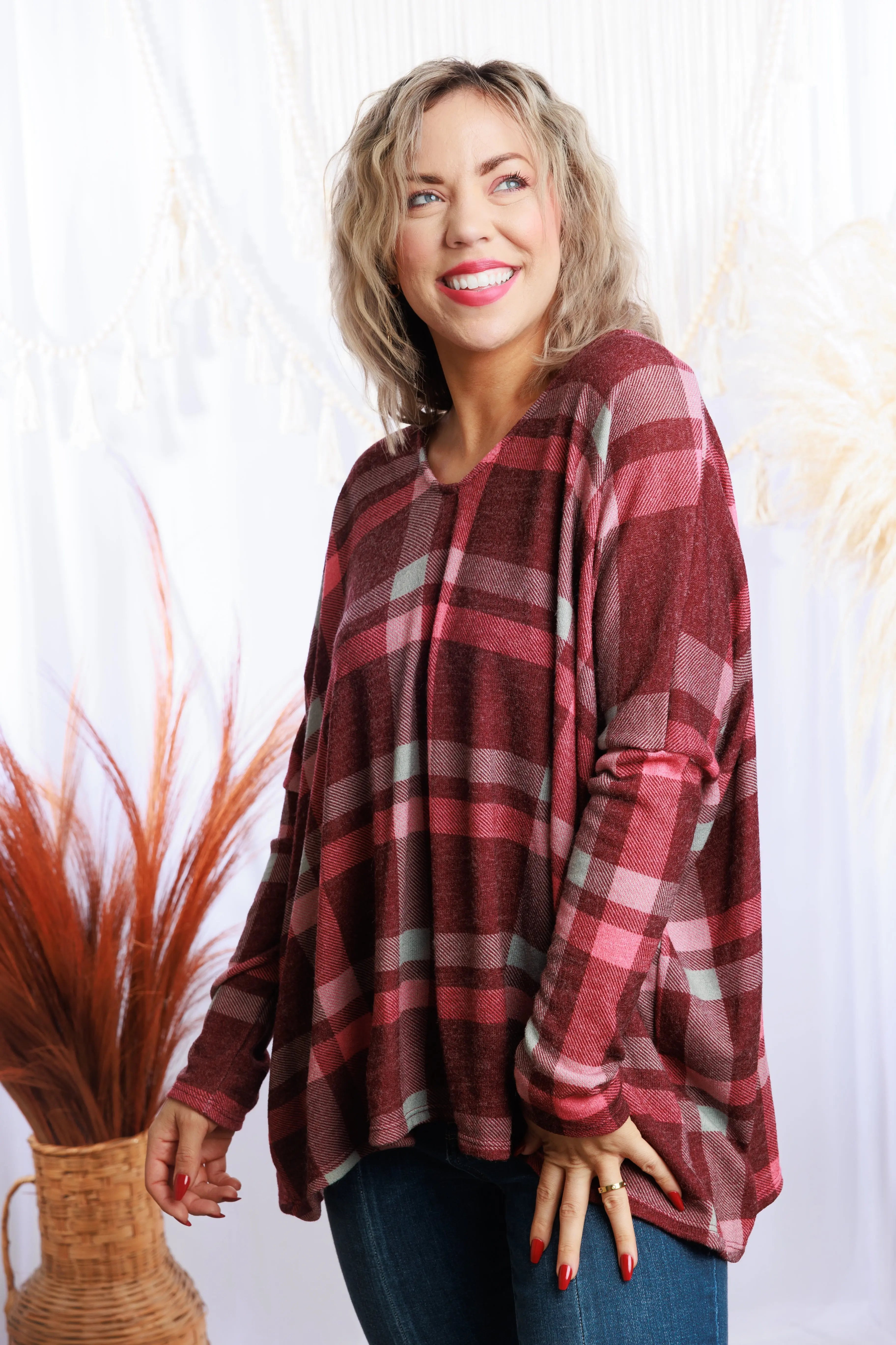 Draped In Plaid Sweater Dolman Boutique Simplified