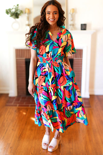 Be Bold Multicolor Abstract Tropical Print Smocked Waist Maxi Dress Haptics