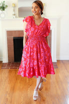 Remember Me Red & Pink Floral Print Smocked Waist Midi Dress Haptics