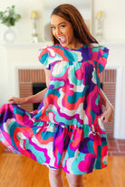 Go For Fun Fuchsia Geo Print Tiered Ruffle Sleeve Woven Dress Haptics