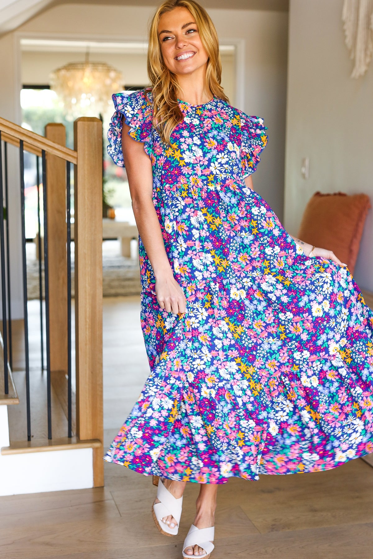 Just A Dream Navy Floral Smocked Ruffle Sleeve Maxi Dress Haptics