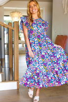 Just A Dream Navy Floral Smocked Ruffle Sleeve Maxi Dress Haptics