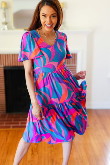 Remember Me Blue & Fuchsia Geo Print V Neck Dress Haptics