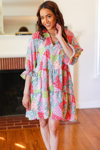 Look Of Love Lime & Coral Patchwork Print V Neck Dress Haptics